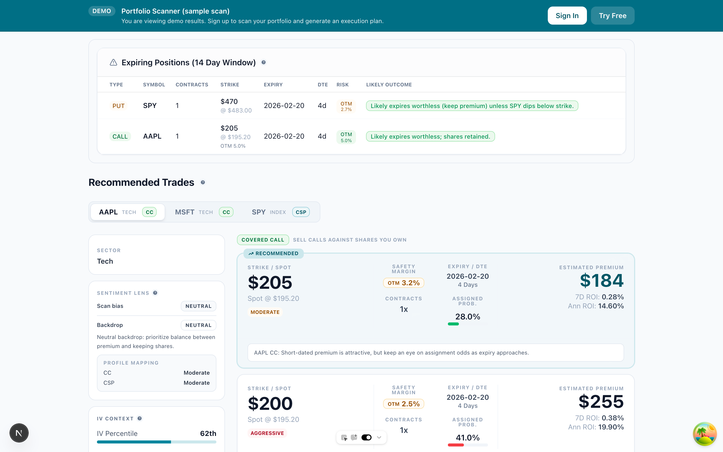 Portfolio scanner showing recommended covered calls and cash-secured puts with safety margins and premium estimates